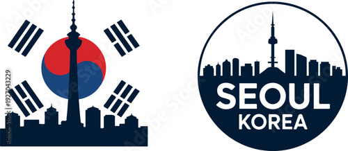 Seoul South Korea Skyline with Korean Flag Circle Badge Vector