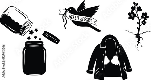 Minimalist black silhouette vector art showing jar pouring flowers into another jar bird carrying hello spring banner jacket with collar and flowering plant with roots simple flat design