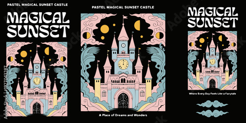 USA, US, U.S, United States - Pastel Magical Sunset Castle SVG Set – Fairy-tale Fantasy Princess Castle Vector Banner, Dreamy Sky Card Design, Layered Cricut Cut File for Flyer, Poster & Party Decor
