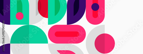 Abstract geometric shapes overlap, creating vibrant colorful pattern. Modern design utilizes circles, rectangles, curves.