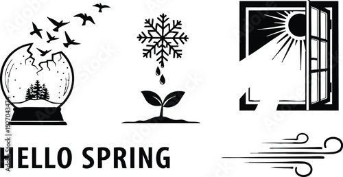 Minimalist black and white vector art with broken snow globe releasing birds plant with melting snowflake and sun window shining light spring concept with wind lines and hello spring typography