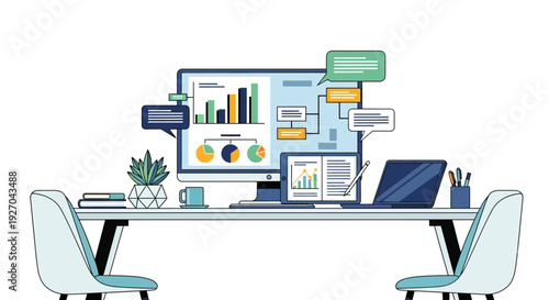 Modern Office Desk with Computers and Charts.