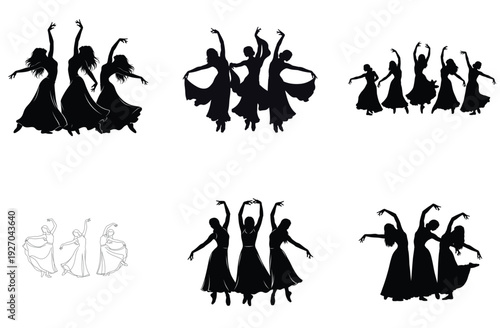  silhouette vector illustrations of women dancing in flowing dresses with various arm and leg poses, isolated on white background