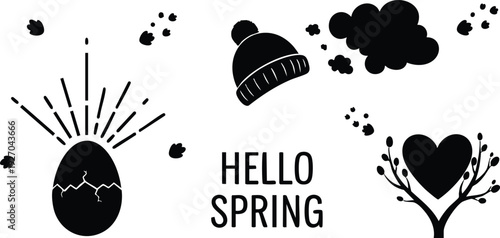 Black silhouette cracked egg with sun rays and footprints hello spring text with cloud hat and heart tree branch vector flat design elements
