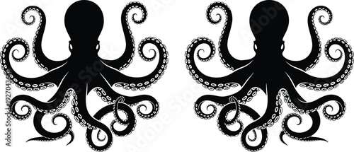 Two black silhouette octopus icons with long tentacles isolated on white background representing marine life sea creatures and ocean nature
