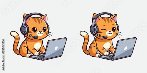 Cute Cat Customer Service Agent with Headset Using Laptop, Animal Vector Illustration