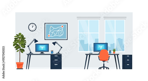 Modern Office Desks with Computers and Plants.