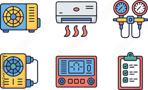 Air conditioning unit repair service technician tools and gauges for climate control system maintenance inspection.