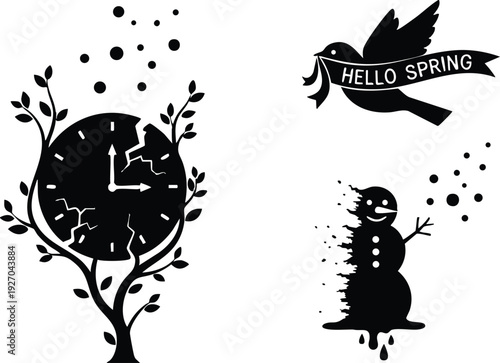 Black silhouette cracked clock growing from tree branches with leaves alongside melting snowman throwing snowballs and bird holding hello spring banner vector art
