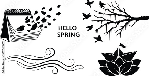 Monochrome vector art of calendar pages flipping with flying leaves and birds around tree branch and stylized lotus flower with hello spring typography