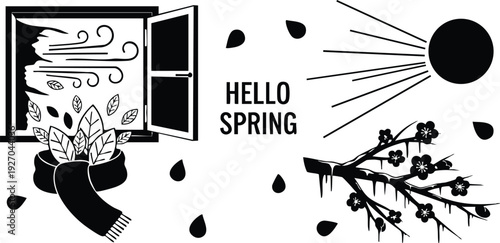 Black silhouette vector art of open window with wind blowing leaves scarf alongside blooming spring branch with sun rays and hello spring text message design