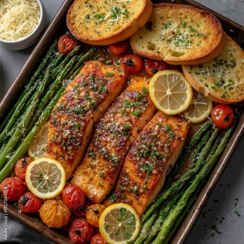 Wallpaper Mural A tray of salmon, asparagus, tomatoes, and bread on a table Torontodigital.ca