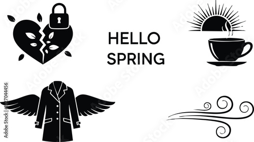 Minimalist black vector icons of broken heart with lock and leaves coat with wings steaming coffee cup sunrise swirling wind lines and hello spring text