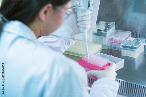 Photos Pharmaceutical scientist conducting high-throughput drug screening assay