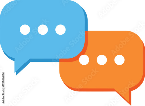 Two flat chat speech bubble icons in blue and orange colors with ellipsis dots, symbol for communication, social media, messaging