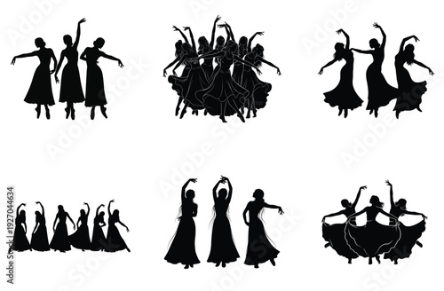 Female dancer silhouette collection. Includes groups of women dancing in various poses and formations. Created in solid black flat style with a monochrome palette.