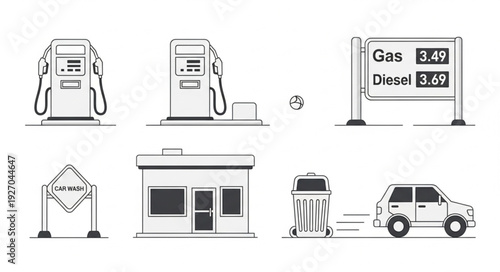 Gas station elements illustration, including pumps, signs, and a vehicle.
