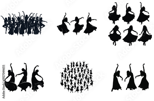 Dancing people silhouette collection. Includes groups of dancers, individual female dancers, and various dance poses. Created in solid black vector style.