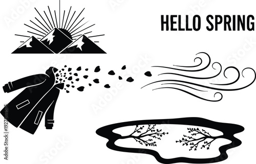 Minimalist black and white vector art showing mountain sunrise with sun rays and hello spring text with coat blowing leaves wind and seasonal puddle illustration