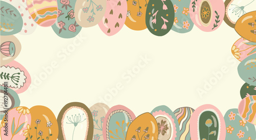 pastel easter egg border with floral and botanical patterns. spring holiday background with copy space in the center. soft earthy colors. vector illustration for greeting cards, invitations and season