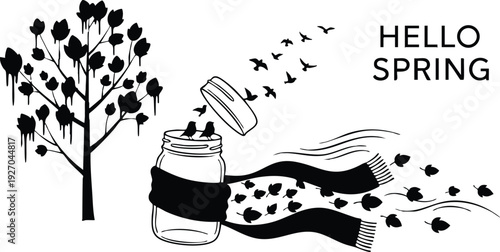 Minimalist black and white vector art with blooming tree and flying birds escaping from open jar wrapped in scarf and hello spring text message