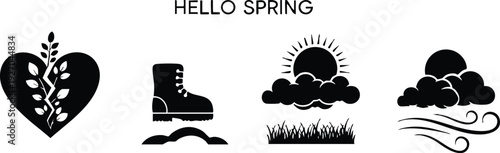Minimalist black heart with branch leaves boot walking on hill sun rising behind clouds wind blowing under text hello spring simple vector icons