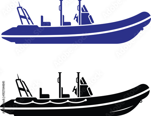 Two motorboat silhouettes in blue and black colors featuring rigid inflatable hulls and seating isolated on a white background vector