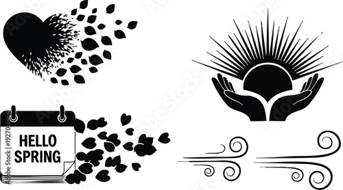 Black silhouette vector art of heart with falling petals calendar page saying hello spring hands holding sun with rays and swirly wind symbols in flat design style