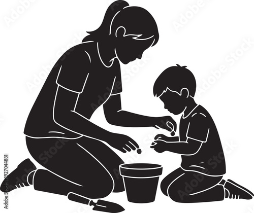 Parent and Child Planting Seed in Small Pot