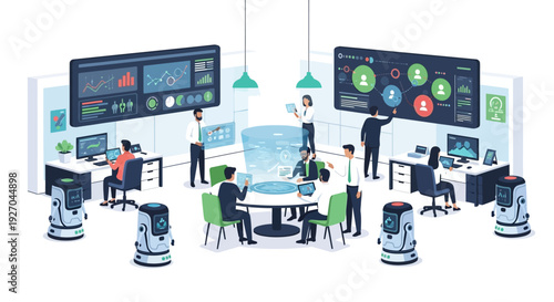 Modern Technology Control Room with People and Robots.