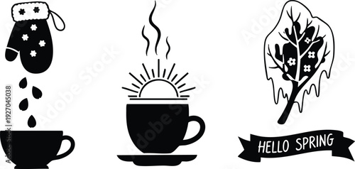 Black and white minimalist vector art of steaming cup with sun rising above cup and mitt pouring drops into cup with frozen leaf and hello spring banner