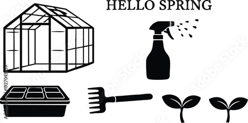 Minimalist black silhouette gardening tools including greenhouse spray bottle seedlings rake flat design vector art with hello spring text message