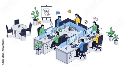 Modern Office Environment with People Working at Computers.