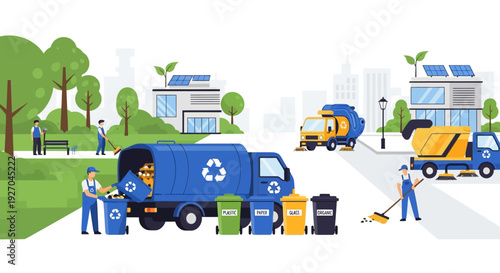 Recycling truck and workers collecting trash.