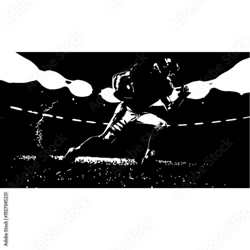 "A high-contrast, minimalist black and white ink splatter silhouette of a female soccer player in a dynamic mid-air kicking pose. Expressive brushstrokes, paint drips, and motion lines to suggest spee