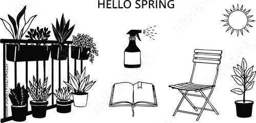 Minimalist black and white vector art with potted plants on balcony railing spray bottle open book folding chair sun and hello spring text illustration