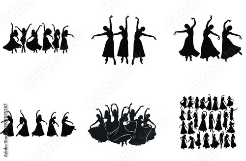 Dance silhouette vector collection. Includes groups of women dancing in various poses and styles. Created in solid black silhouette style.