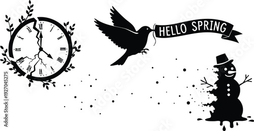 Minimalist black silhouette cracked vintage clock broken time bird carrying hello spring banner melting snowman vector design