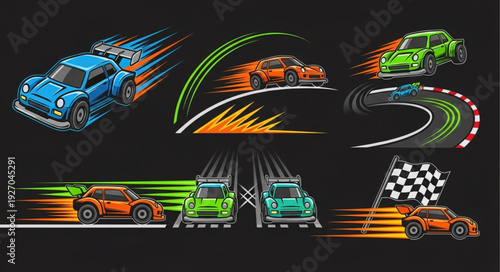Dynamic racing cars speeding on tracks with vibrant motion blur effects for speed.