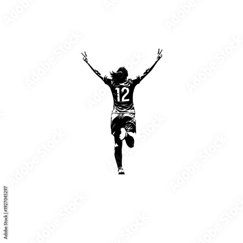 "A high-contrast black and white ink splatter silhouette of a female soccer player celebrating a goal with her arms raised, featuring dynamic paint drips and expressive brushstrokes on a pure white ba