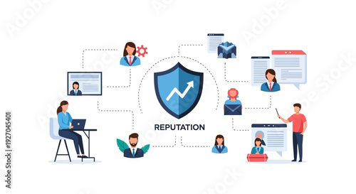 Reputation management shield with growth chart and people icons.