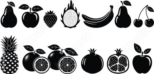 Vector fruit silhouettes collection including apple, pear, strawberry, dragon fruit, banana, cherry, pineapple, orange, pomegranate