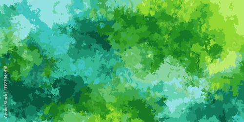 A vibrant and abstract painting showcasing a blend of blue and green hues