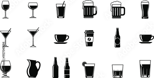 Vector icon set of beverages featuring wine glasses, beer mugs, coffee cups, cocktail martinis, bottles, and pitchers for restaurant