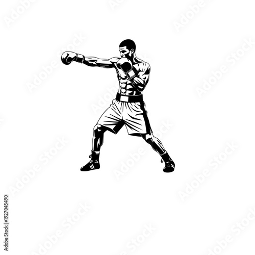 A high-contrast, black and white vector illustration of a muscular boxer in a dynamic fighting stance, throwing a long jab. Minimalist stencil style, clean bold lines, solid black shapes on a pure whi