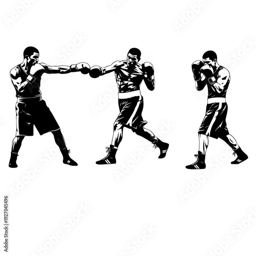 "A high-contrast black and white vector illustration set featuring three muscular boxers in different dynamic poses, including a jab, a defensive stance, and a ready position, designed in a minimalist