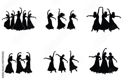 Female dancer silhouette collection. Includes group dancing, individual poses, and synchronized movements. Created in solid black style with minimalist palette.