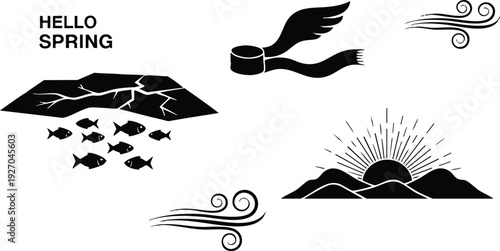 Minimalist black vector art of sunlight rising over mountains with wind swirls flying fish and scarf flying with wings saying hello spring in flat design style