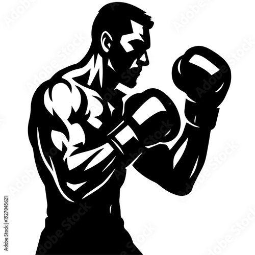 "Bold black and white vector illustration of a muscular male boxer in side view fighting stance, wearing boxing gloves, strong defined muscles, high contrast shadow effect, solid black silhouette with