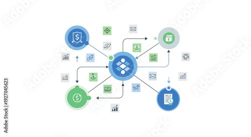 FinTech Centralized Ecosystem Diagram. Business Process Flow, Data Management, Security, and Transaction Network Illustration.
